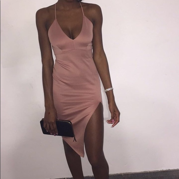Blush pink cocktail dress with deep slit - Picture 2 of 3